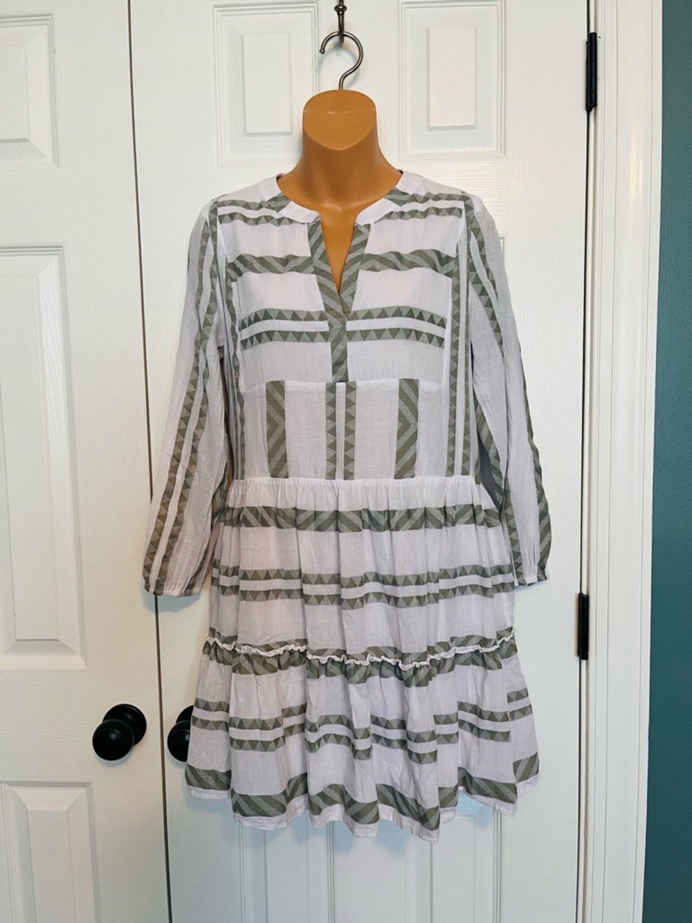 Vineyard Vines White & Olive Green Striped Midi Dress